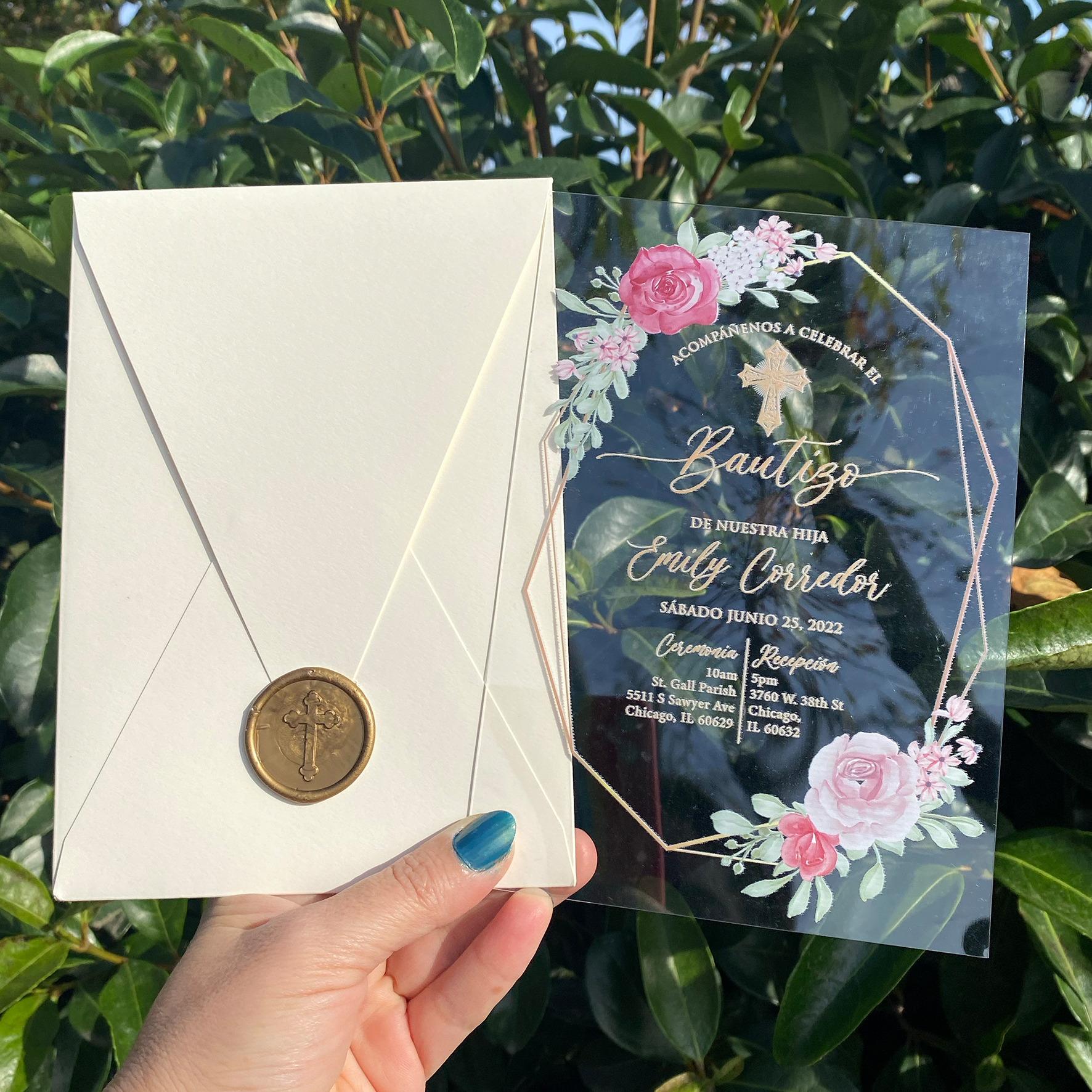 Acrylic Baptism Invitations. Floral Acrylic Baptism Invitation. Ivory envelope. Wax seal UV Printed